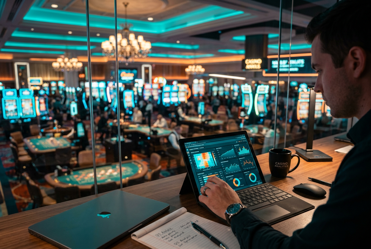 A professional analyst workspace with data charts and a blurred casino background.