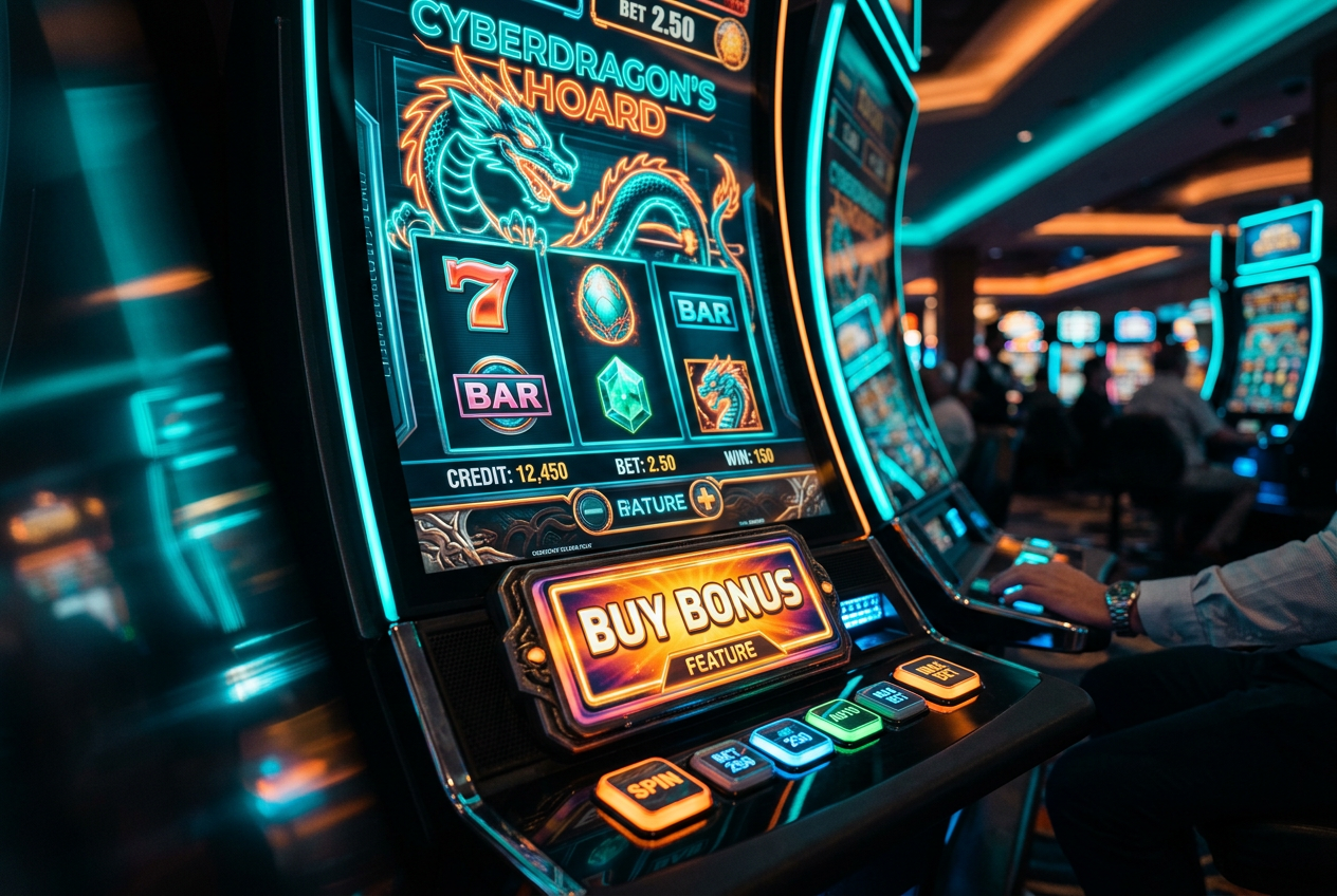 A sharp close-up of a digital slot machine screen focusing on the Buy Bonus button.