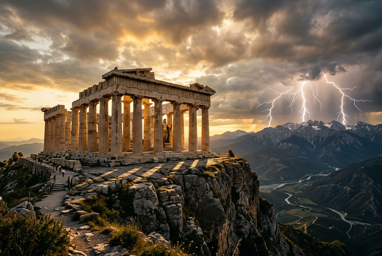 Cinematic view of a majestic Greek temple on Mount Olympus at sunset