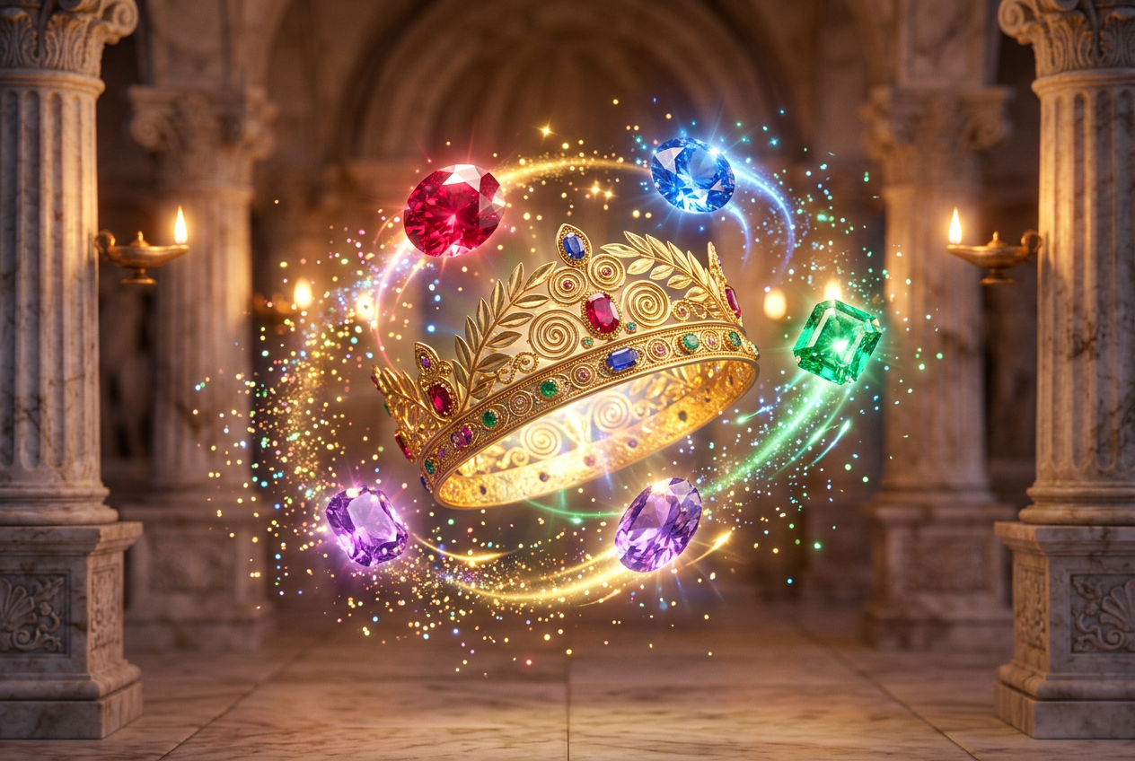 Close-up of glowing Greek gems and artifacts floating in the air